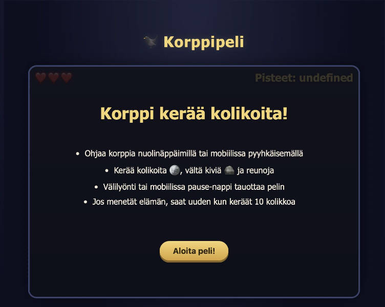 tekoälyavusteisesti tehty peli, jossa korppi kerää kolikoita ja väistelee kiviä. 